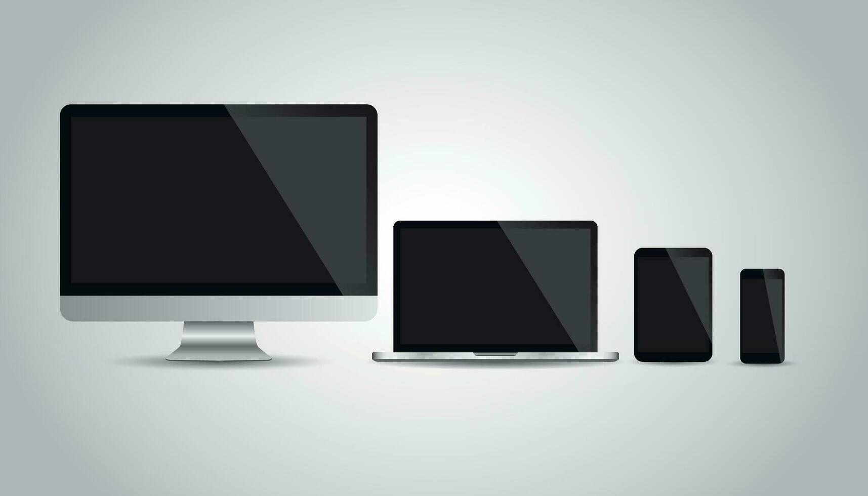 Realistic device flat Icons smartphone, tablet, laptop and desktop computer. Vector illustration