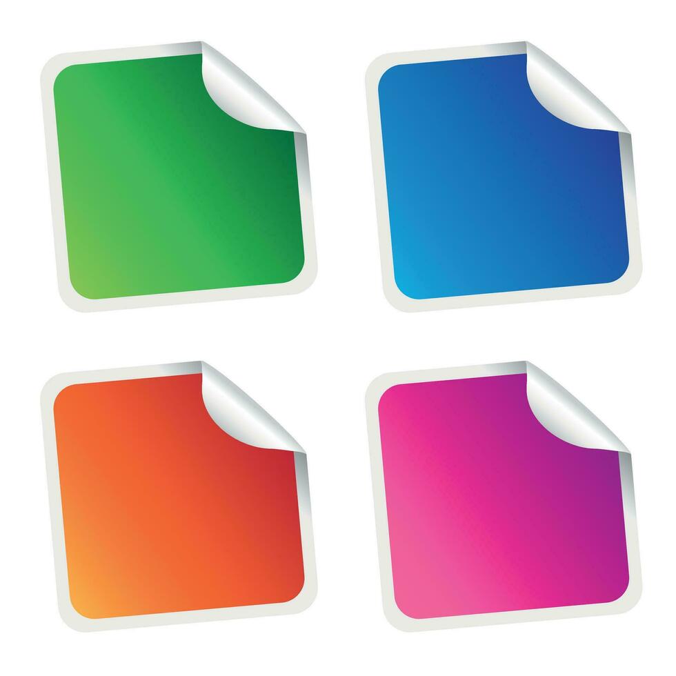 conjunto de blanco pegatinas vacío promocional etiquetas. vector ilustración. verde, azul, naranja, Violeta, cuadrado etiquetas
