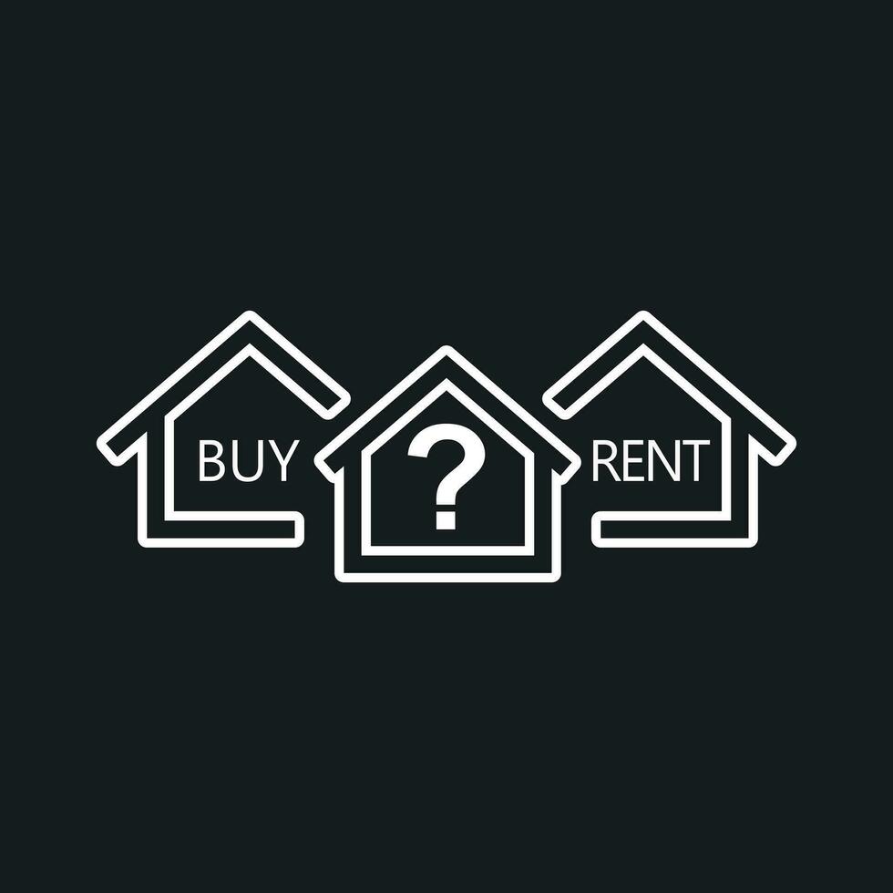 Concept of choice between buying and renting house in line style. Home icon with the question. Vector illustration in flat style on black background.