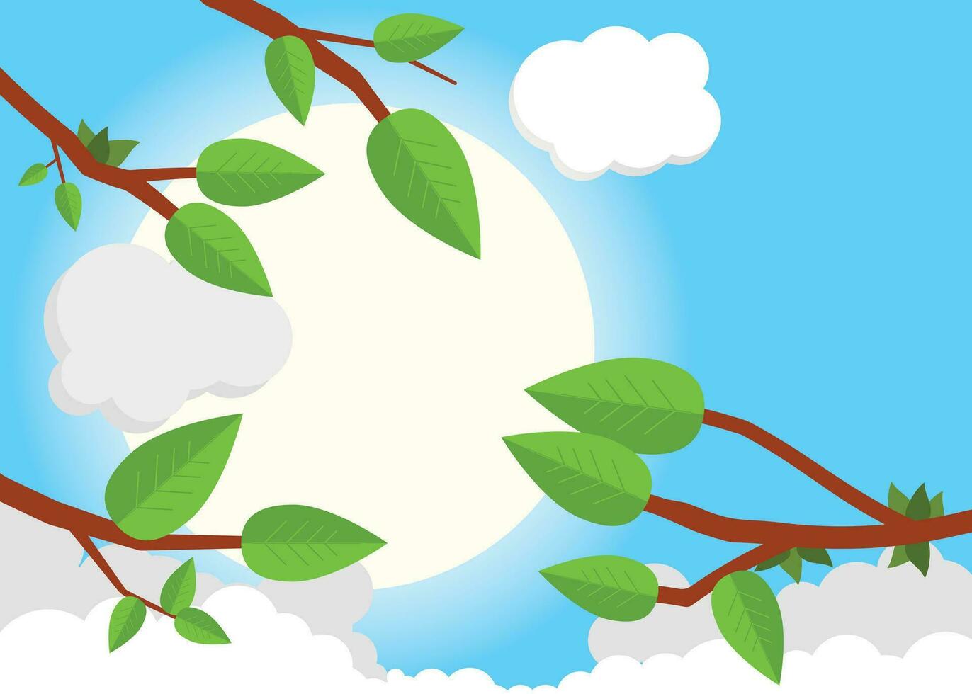 Cartoon sunset day. Flat vector illustration, trees, leaf, sun, clouds.