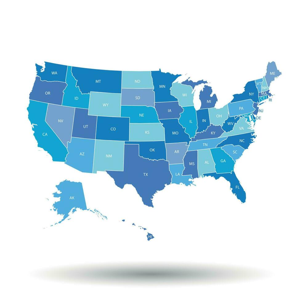 High detailed USA map with federal states. Vector illustration United states of America in blue color.