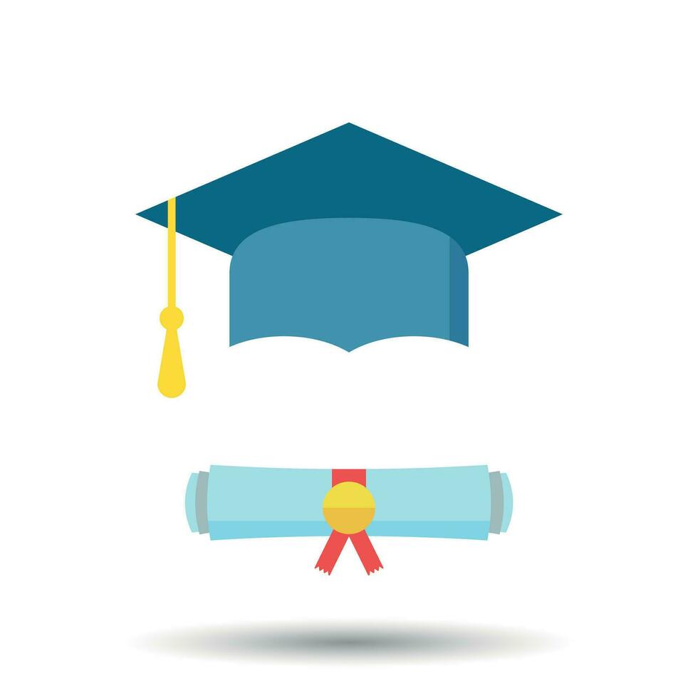 graduación gorra y diploma Desplazarse icono vector ilustración en plano estilo. terminar educación símbolo. celebracion elemento. vistoso graduación gorra con diploma en blanco antecedentes.