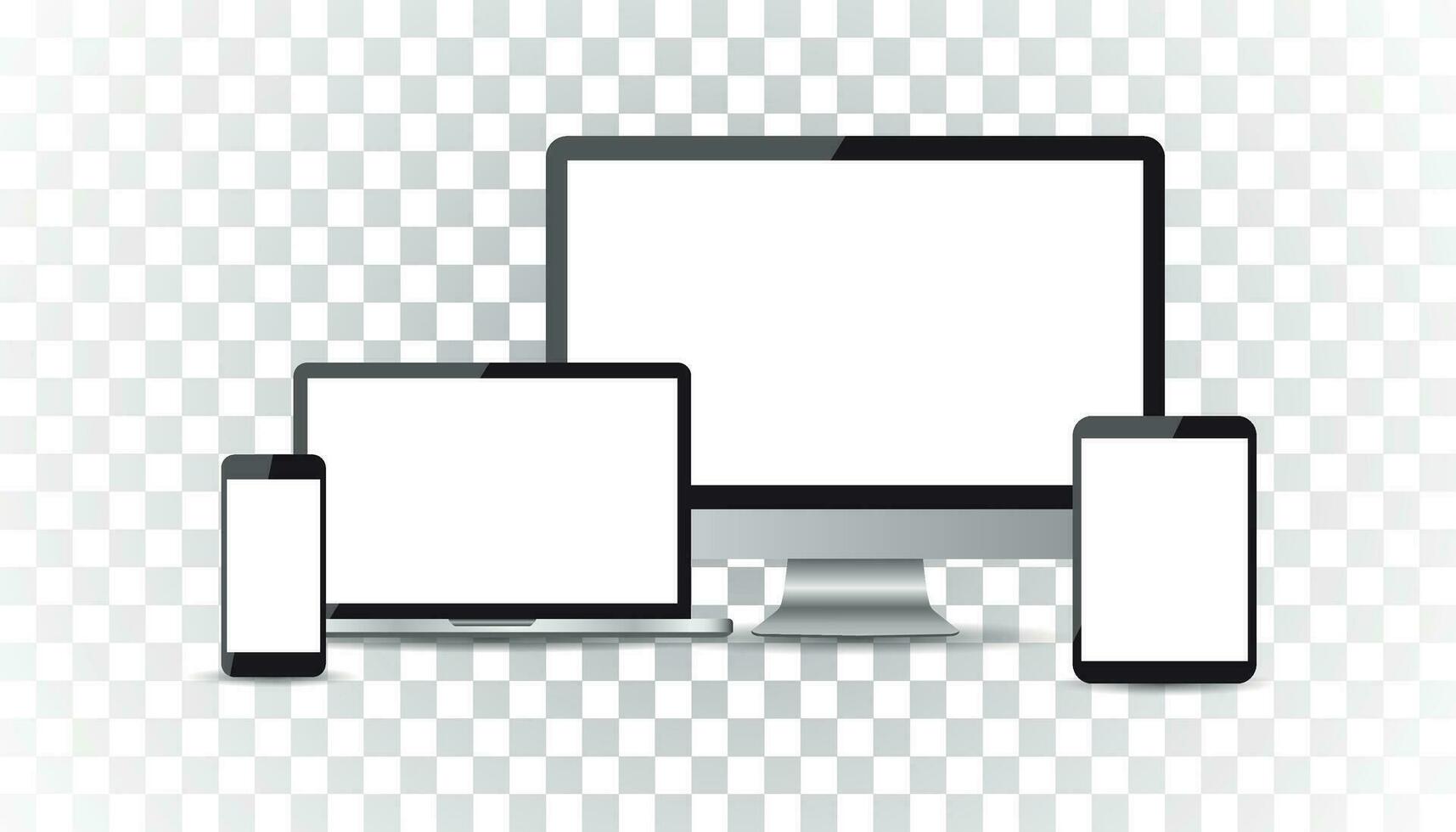 realista dispositivo plano íconos teléfono inteligente, tableta, ordenador portátil y escritorio computadora. vector ilustración