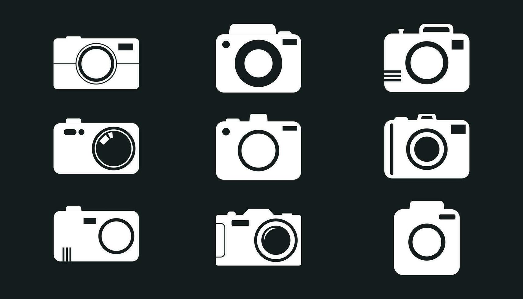 Camera icon set on black background. Vector illustration in flat style with photography icons.