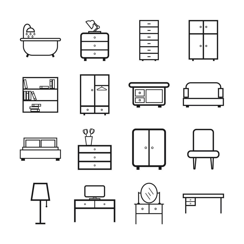 Furniture icons set. Flat vector illustration on white background. Universal icon for web design.