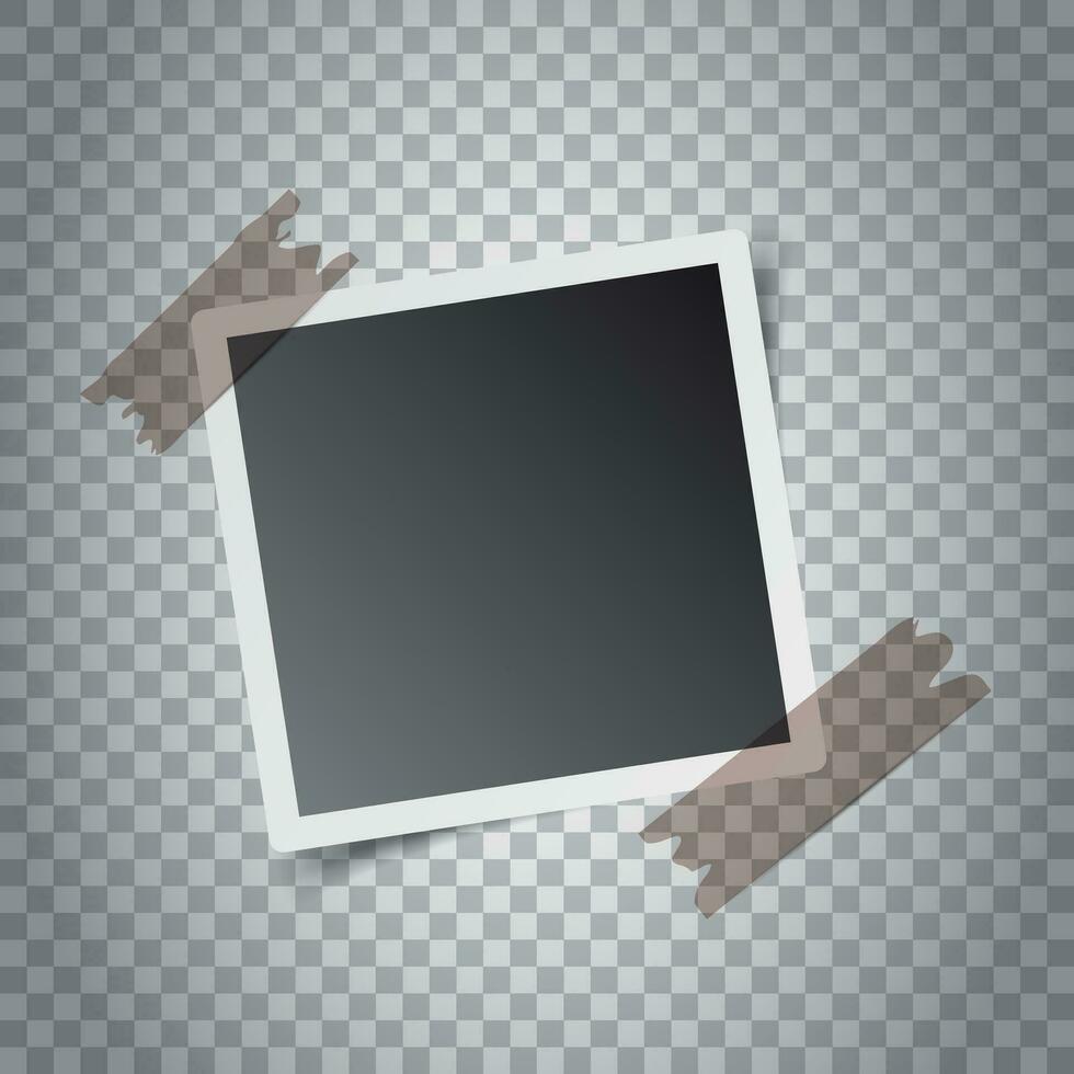 Blank retro photo frames with sticker on grey background. Vector illustration.