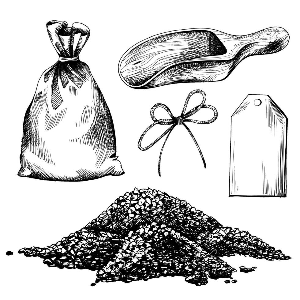 Heap of sea salt with wooden scoop, canvas bag, jute bow and paper label. The illustration is graphic, drawn by hand. EPS vector, set of isolated objects vector