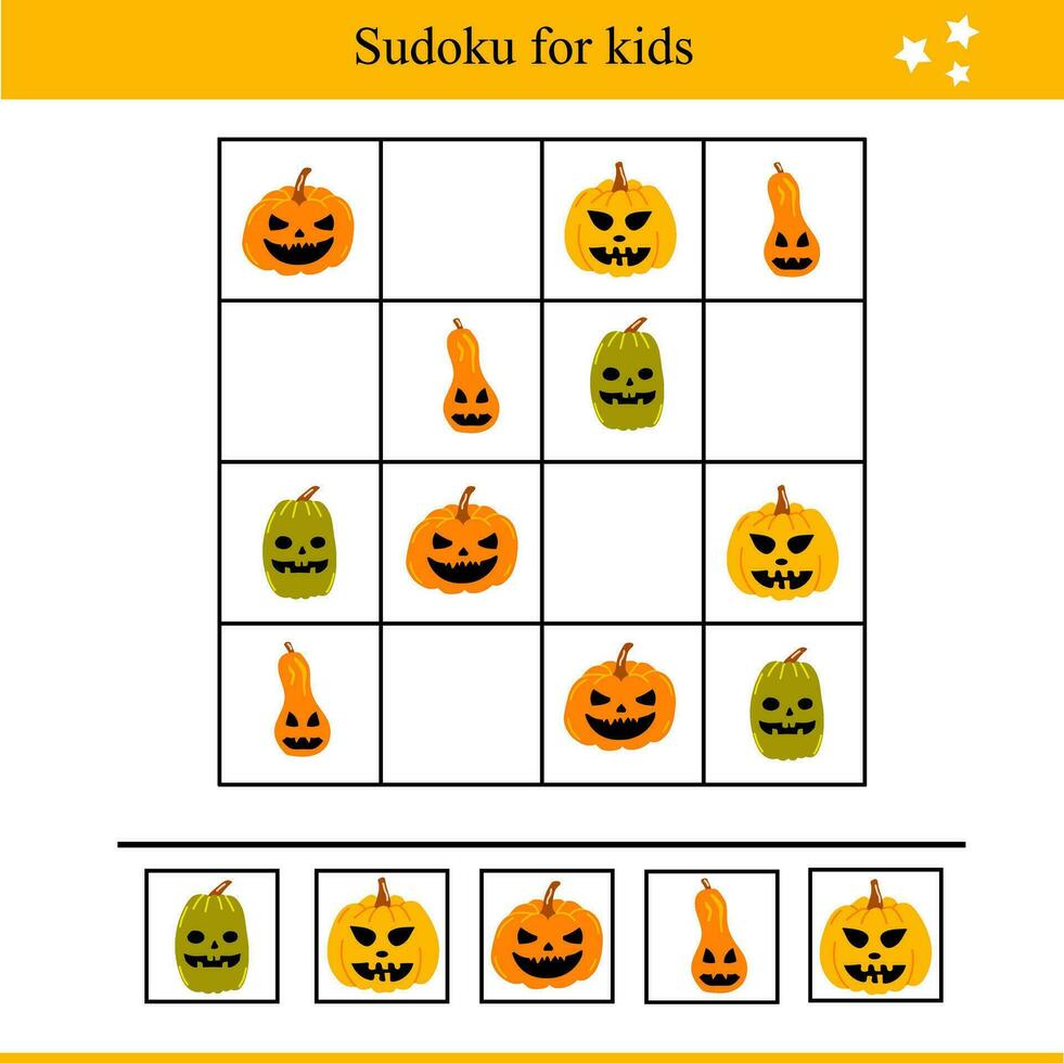 Sudoku For Kids with Halloween Pumpkins. Educational Game For Children. Autumn Vector Illustration