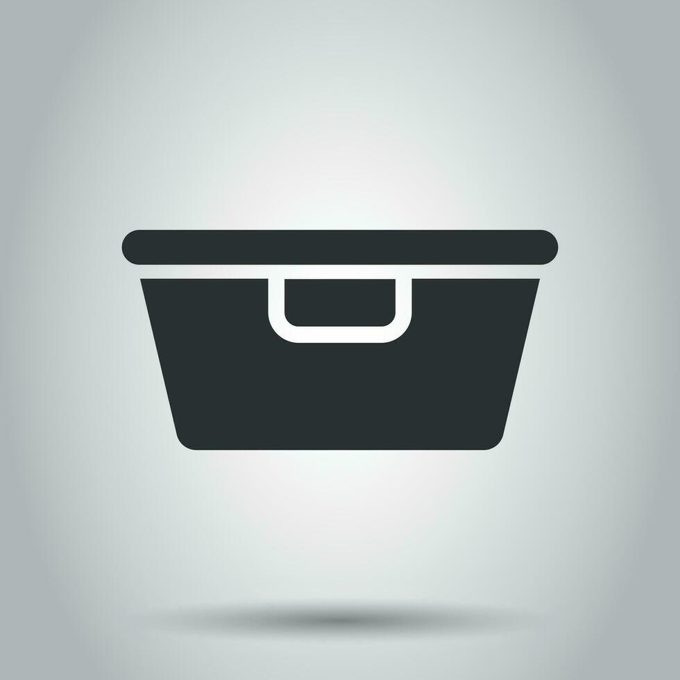 Food container icon in flat style. Kitchen bowl vector illustration on white background. Plastic container box business concept.