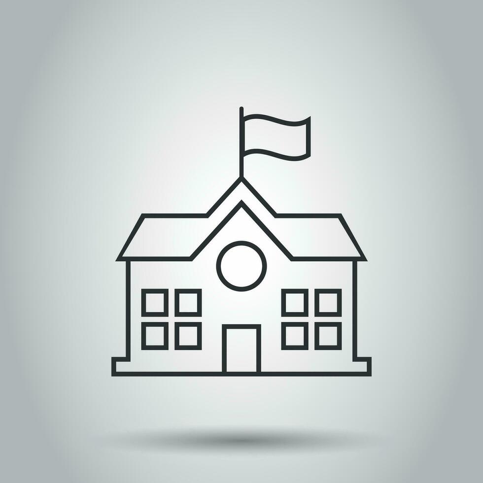 School building icon in flat style. College education vector illustration on white background. Bank, government business concept.