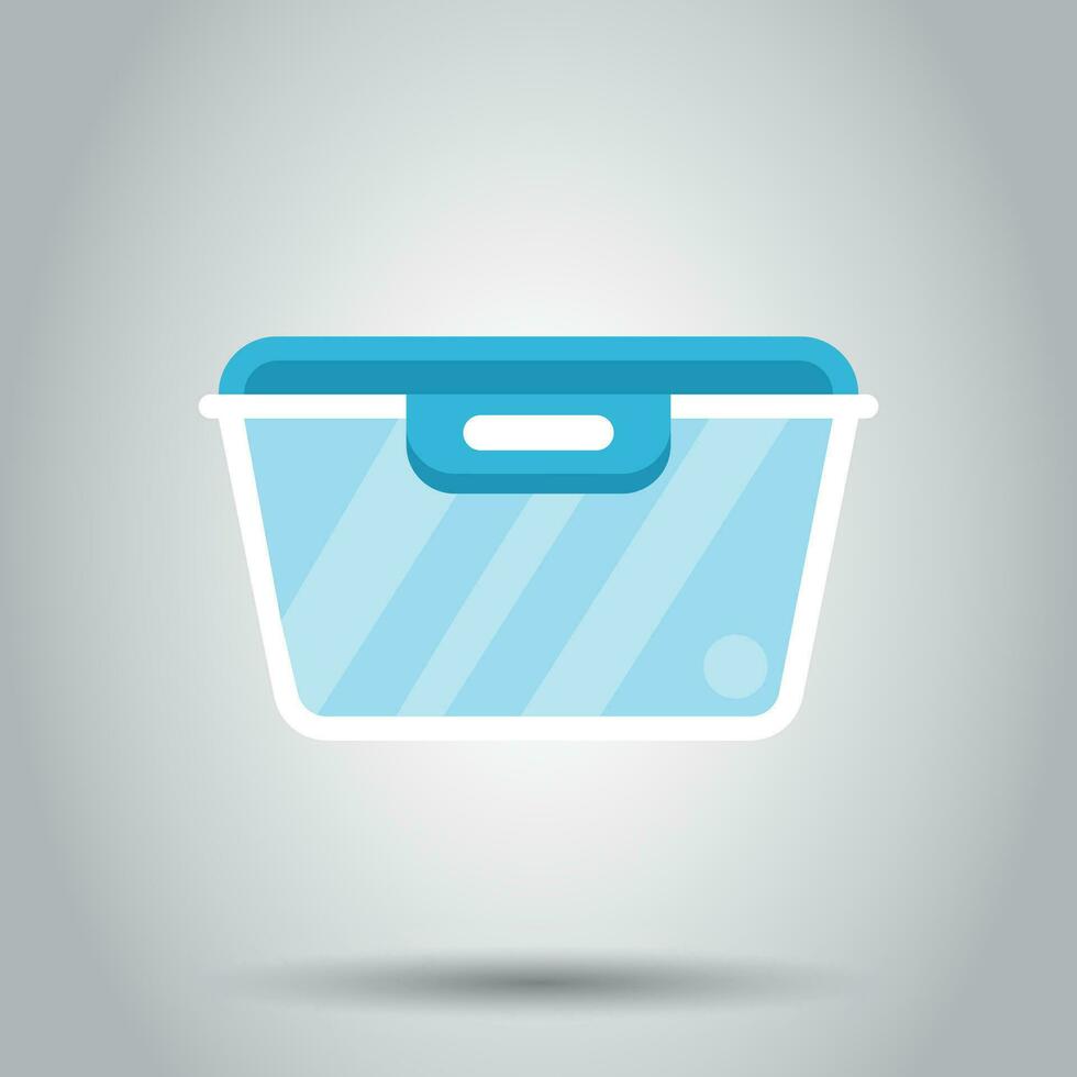 Food container icon in flat style. Kitchen bowl vector illustration on white background. Plastic container box business concept.