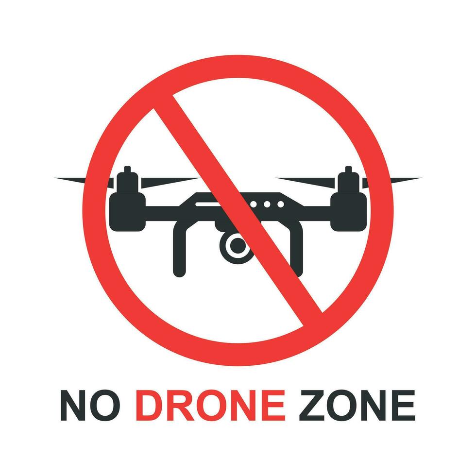 No drone zone sign icon in flat style. Quadrocopter ban vector illustration on white isolated background. Helicopter forbidden flight business concept.