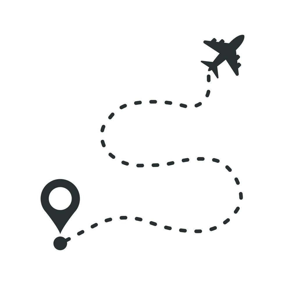 Airplane flight route icon in flat style. Travel line path vector illustration on white isolated background. Dash line trace business concept.