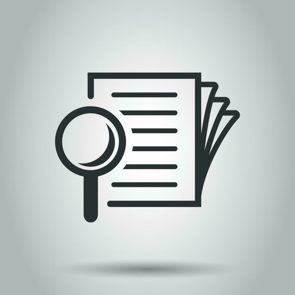 Scrutiny document plan icon in flat style. Review statement vector illustration on white background. Document with magnifier loupe business concept.