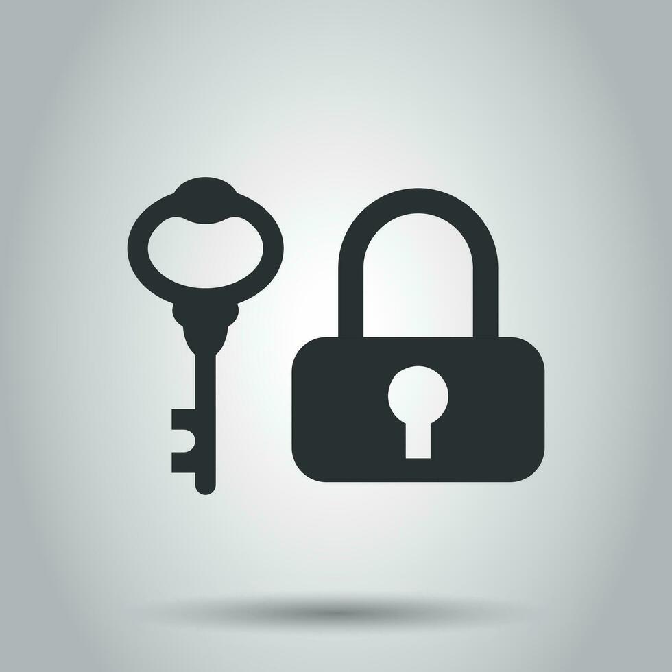 Key with padlock icon in flat style. Access login vector illustration on white background. Lock keyhole business concept.