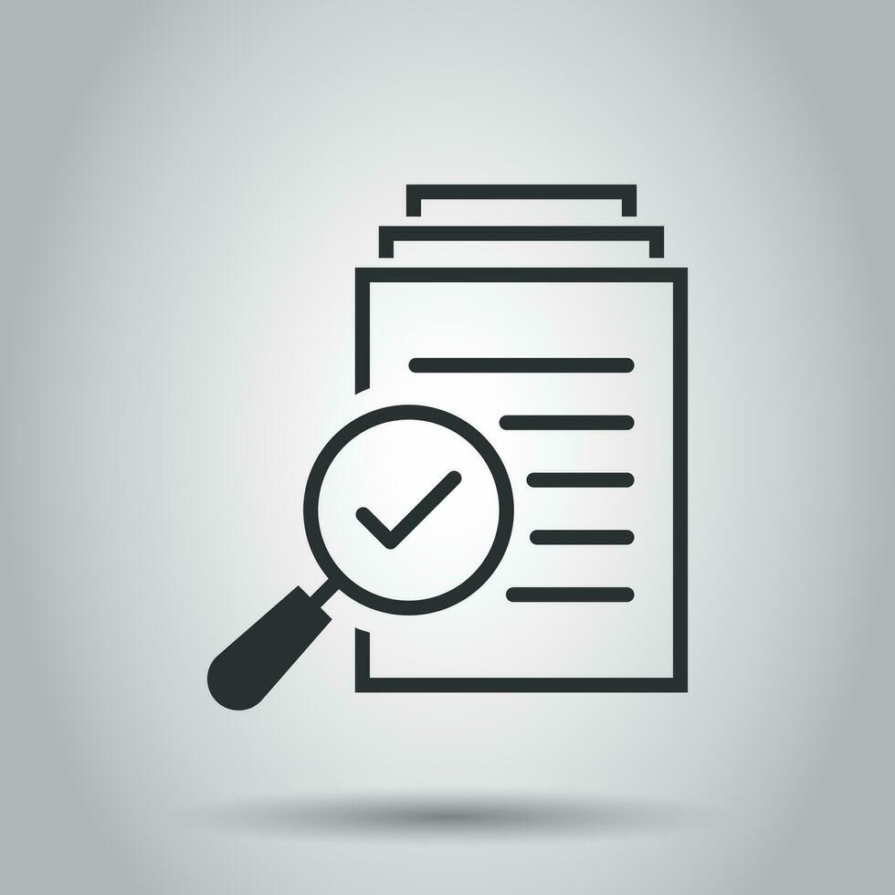 Scrutiny document plan icon in flat style. Review statement vector illustration on white background. Document with magnifier loupe business concept.