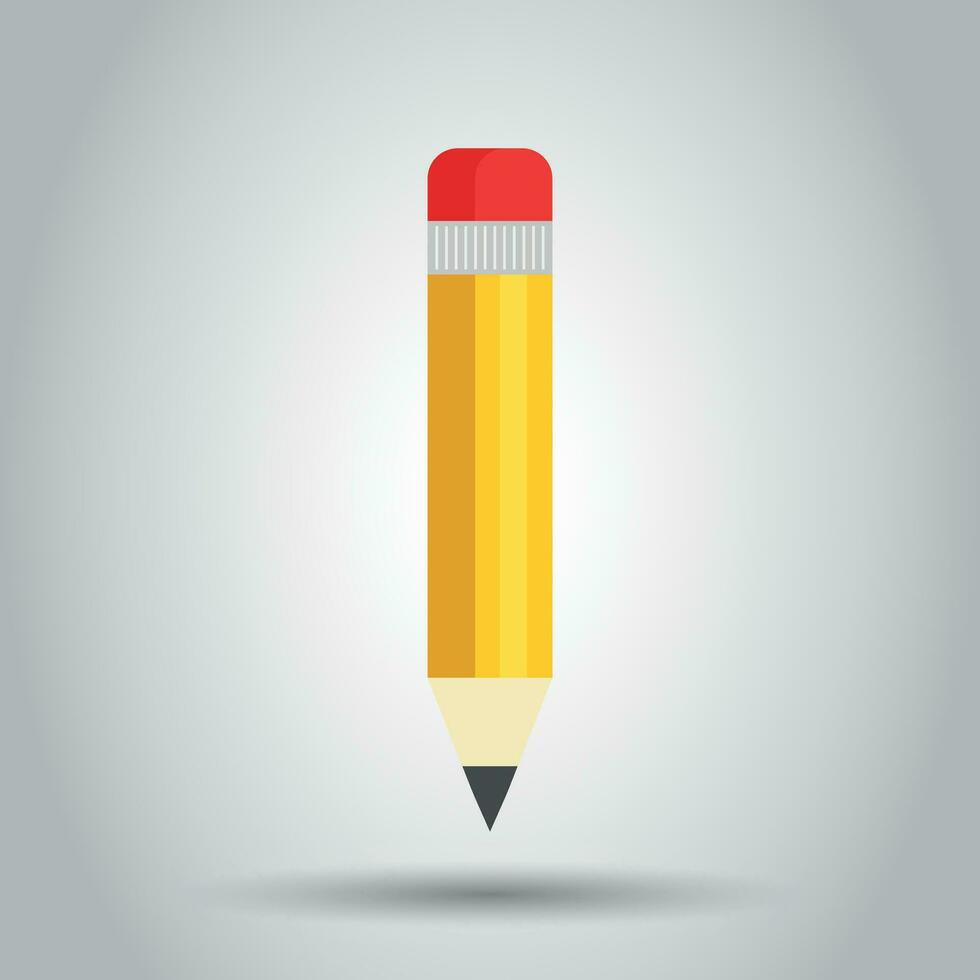 Realistic yellow wooden pencil with rubber eraser icon in flat style. Highlighter vector illustration on white background. Business concept.