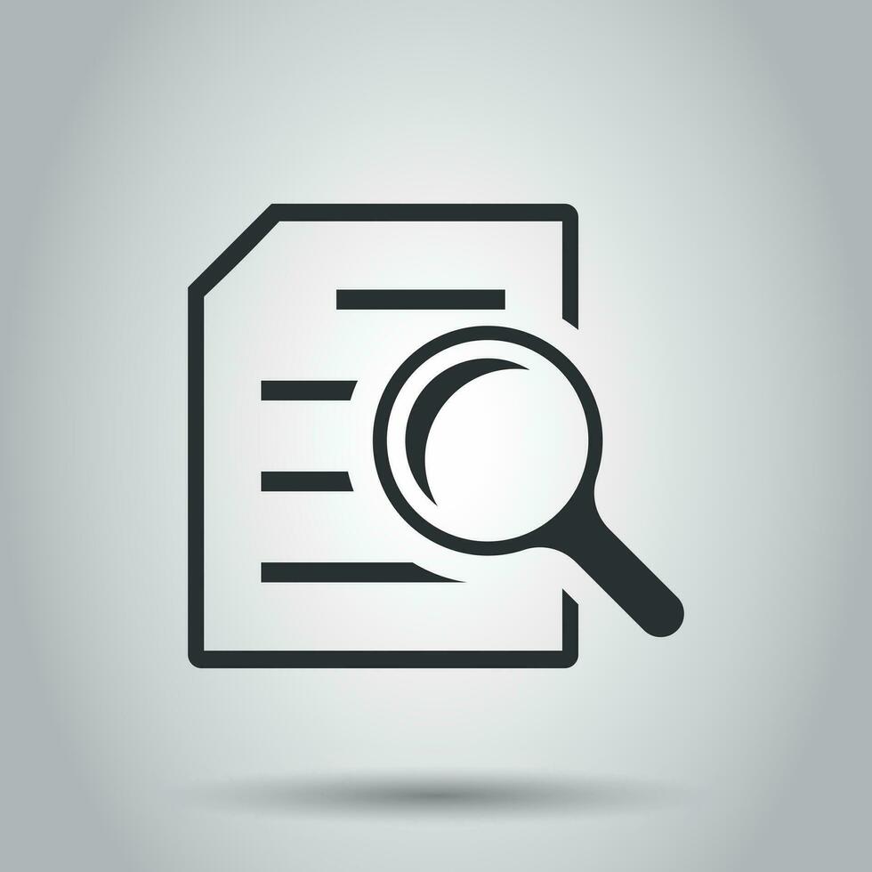 Scrutiny document plan icon in flat style. Review statement vector illustration on white background. Document with magnifier loupe business concept.