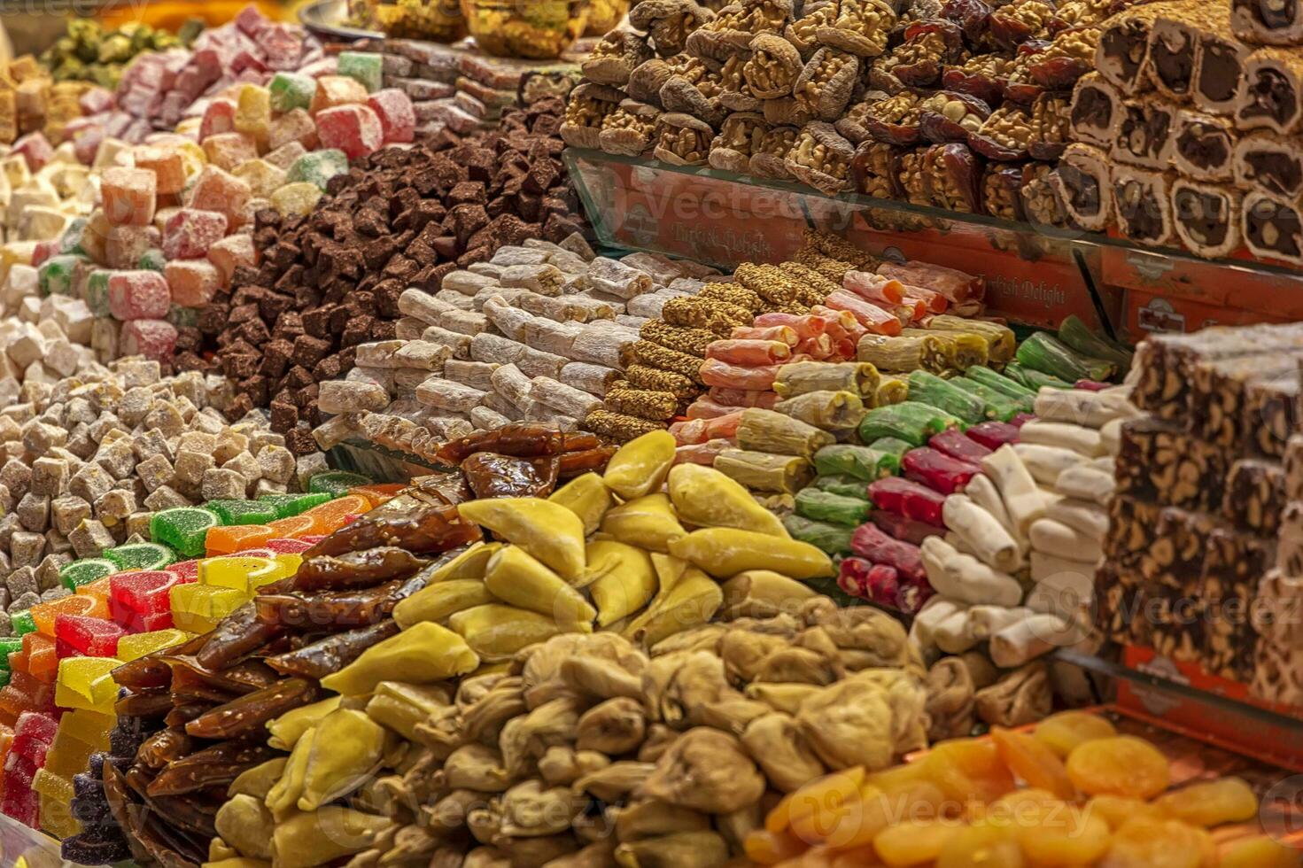 Many different sweets in the market. Horizontal view photo