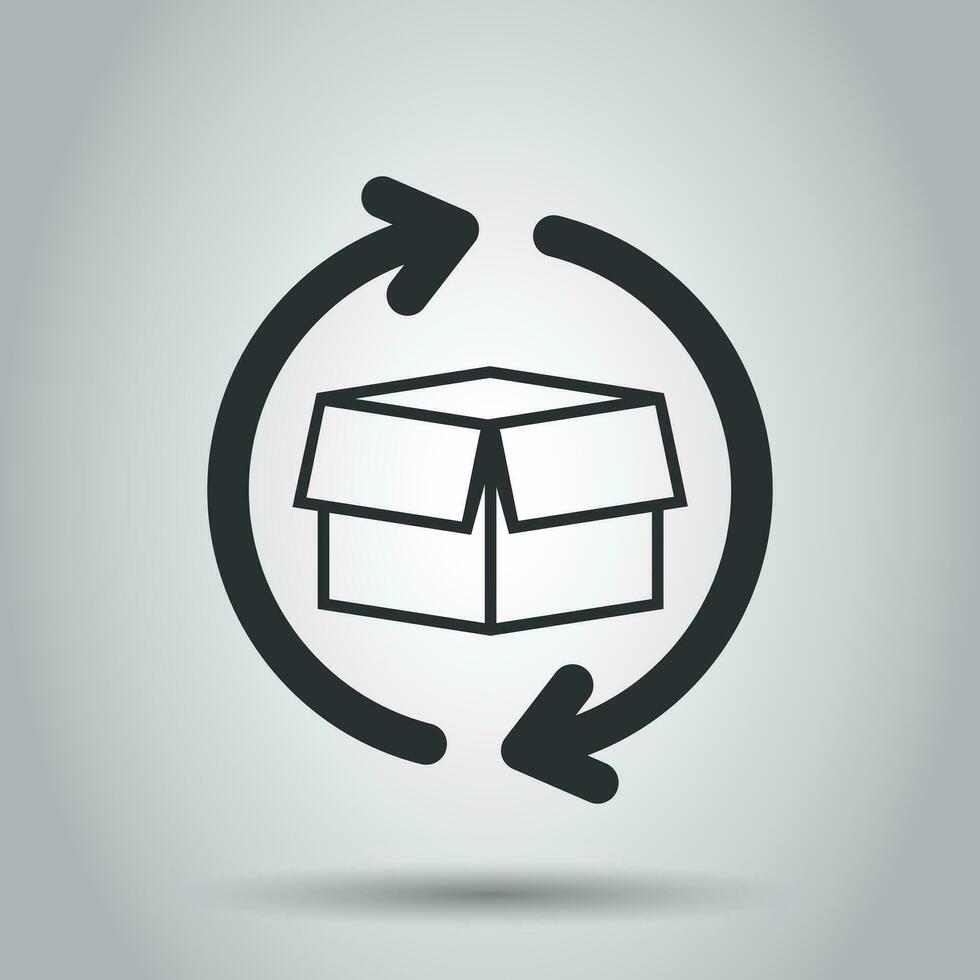 Box package return icon in flat style. Delivery box with arrow illustration on white background. Cargo shipping business concept. vector