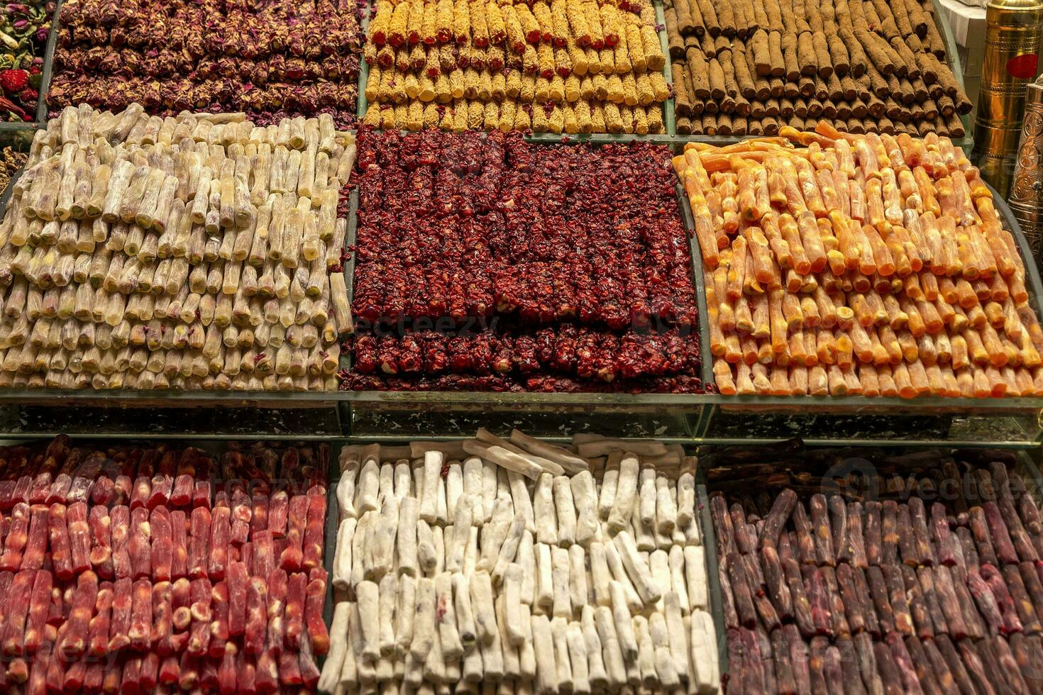 Many different sweets in the market. Horizontal view photo