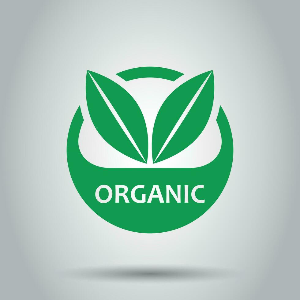 Organic label badge vector icon in flat style. Eco bio product stamp illustration on white background. Eco natural food concept.