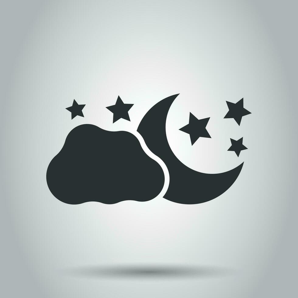 Moon and stars with clods vector icon in flat style. Nighttime illustration on white background. Cloud, moon business concept.