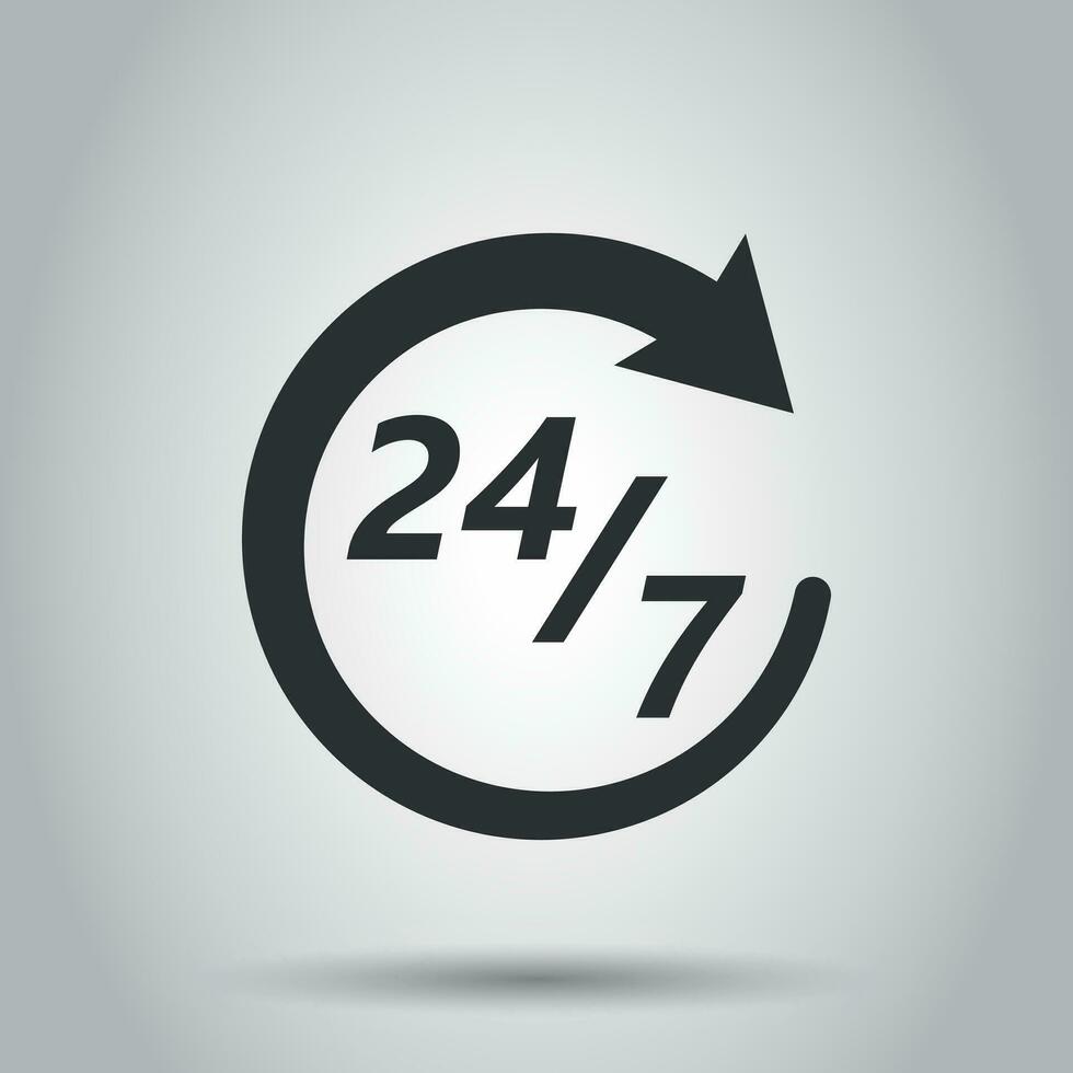 Twenty four hour clock icon in flat style. 24 7 service time illustration on white background. Around the clock sign concept. vector