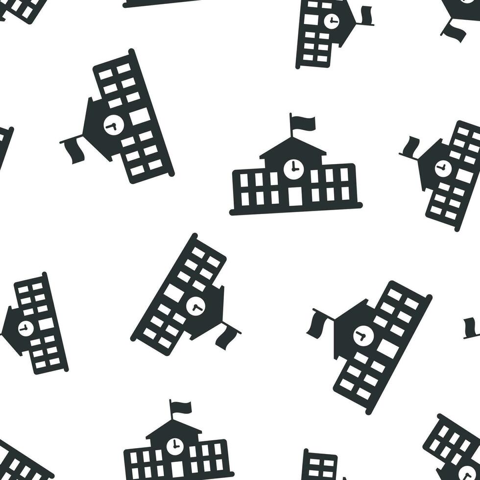 School building icon seamless pattern background. College education vector illustration. Bank, government symbol pattern.