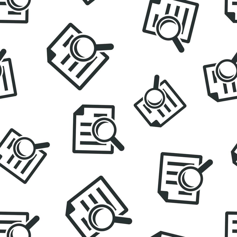 Scrutiny document plan icon seamless pattern background. Review statement vector illustration. Document with magnifier loupe symbol pattern.
