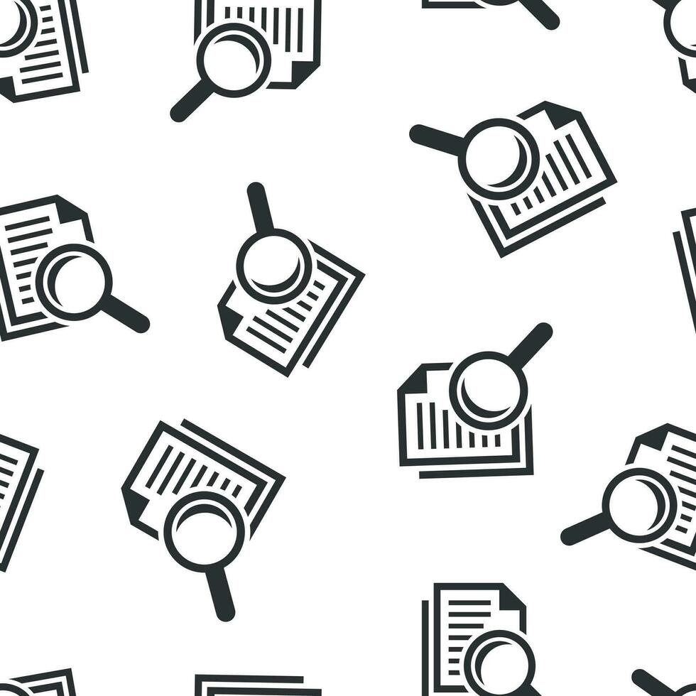 Scrutiny document plan icon seamless pattern background. Review statement vector illustration. Document with magnifier loupe symbol pattern.