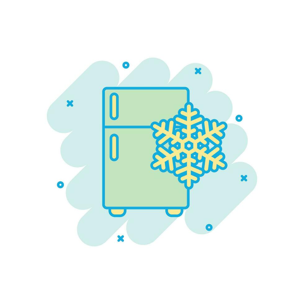 Fridge refrigerator icon in comic style. Freezer container vector cartoon illustration pictogram. Fridge business concept splash effect.