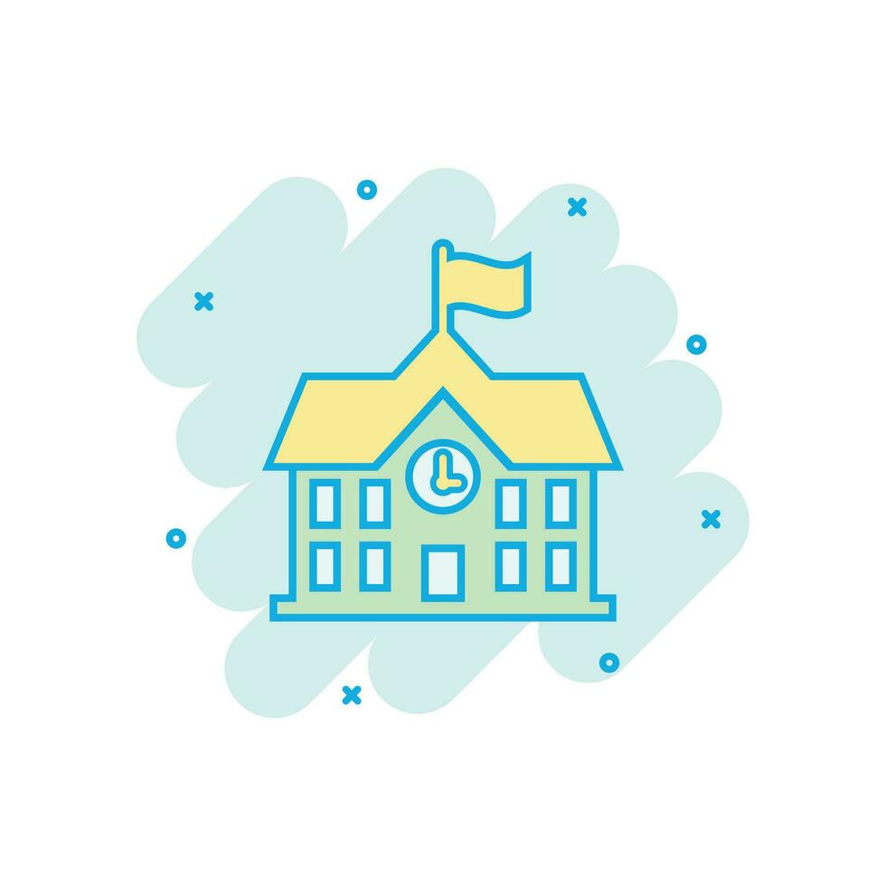 School building icon in comic style. College education vector cartoon illustration pictogram. Bank, government business concept splash effect.