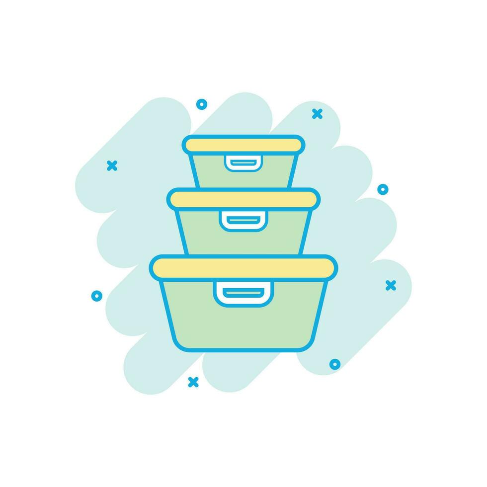 Food container icon in comic style. Kitchen bowl vector cartoon illustration pictogram. Plastic container box business concept splash effect.
