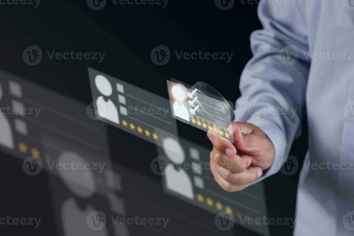 Recruitment concept. Human Resource Manager finds new people to join an organization or support a cause. The man uses AI hologram to find a best person. photo