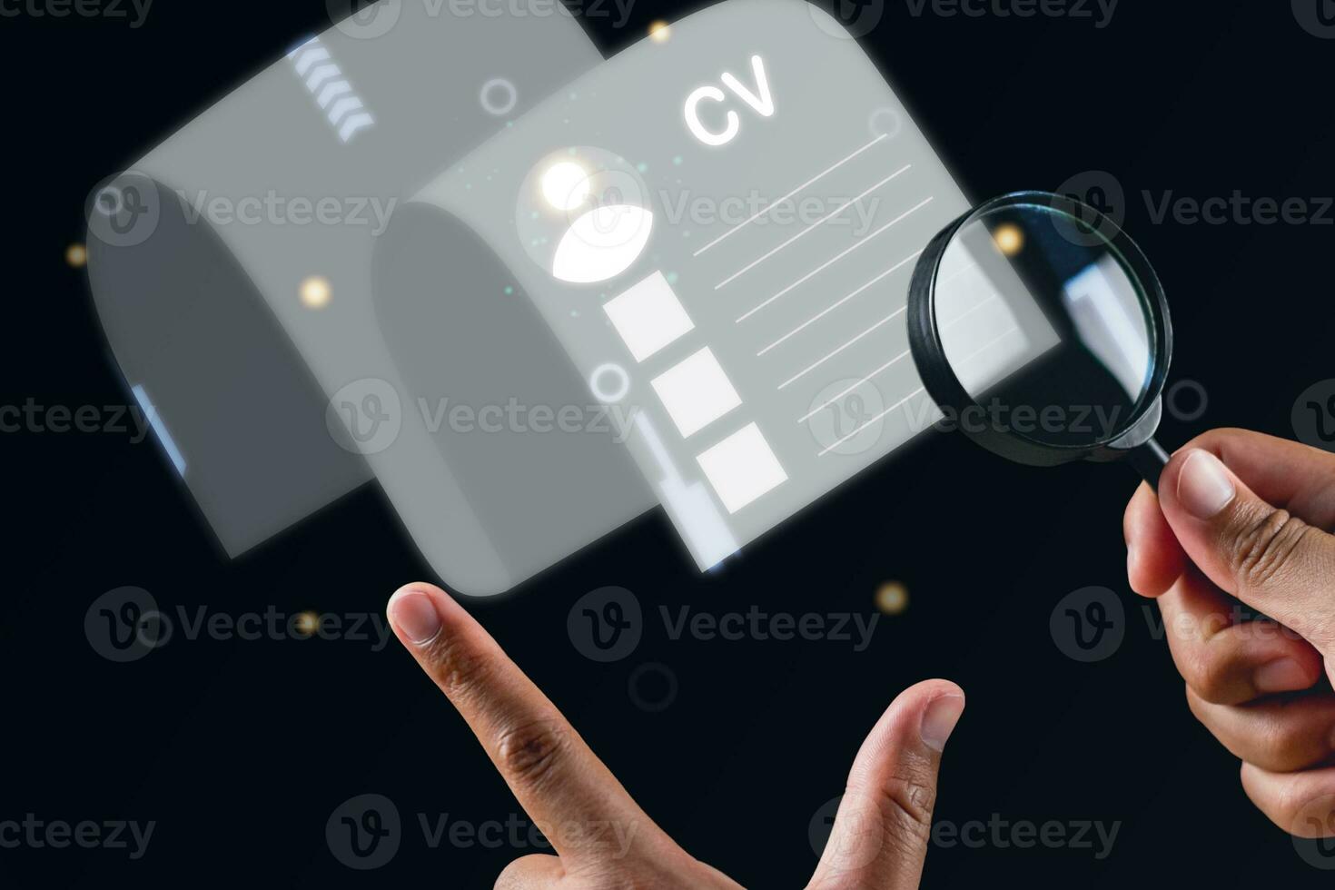 Recruitment concept. Human Resource Manager finds new people to join an organization or support a cause. Someone holds magnifying glass. Composite image with CV hologram. photo