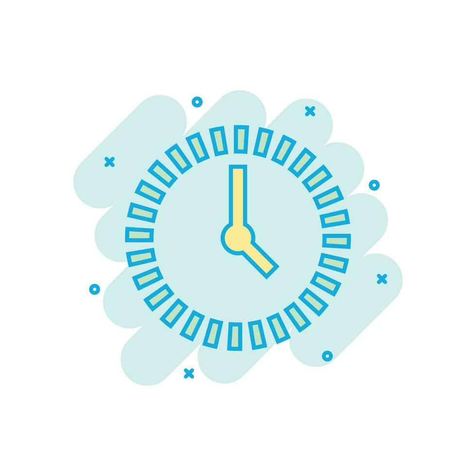 Clock countdown icon in comic style. Time chronometer vector cartoon illustration pictogram. Clock business concept splash effect.