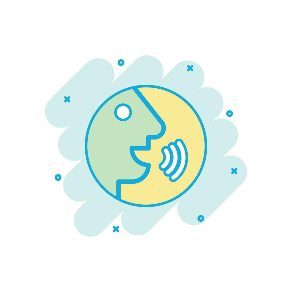 Voice command with sound waves icon in comic style. Speak control vector cartoon illustration pictogram. Speaker people business concept splash effect.