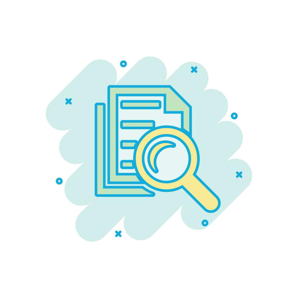 Scrutiny document plan icon in comic style. Review statement vector cartoon illustration pictogram. Document with magnifier loupe business concept splash effect.