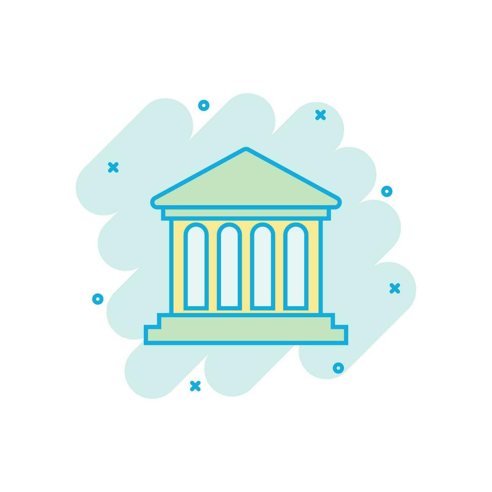 Bank building icon in comic style. Government architecture vector cartoon illustration pictogram. Museum exterior business concept splash effect.