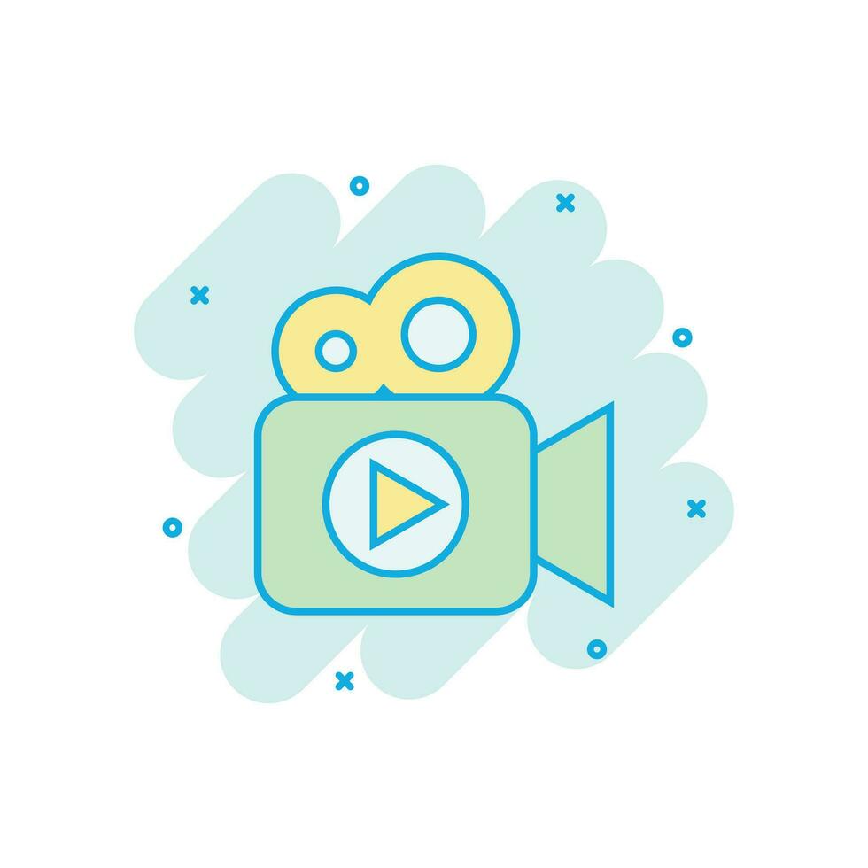 Video camera icon in comic style. Movie play vector cartoon illustration pictogram. Video streaming business concept splash effect.