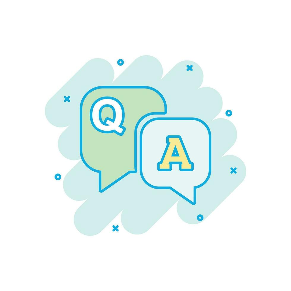 Question and answer icon in comic style. Discussion speech bubble vector cartoon illustration pictogram. Question, answer business concept splash effect.