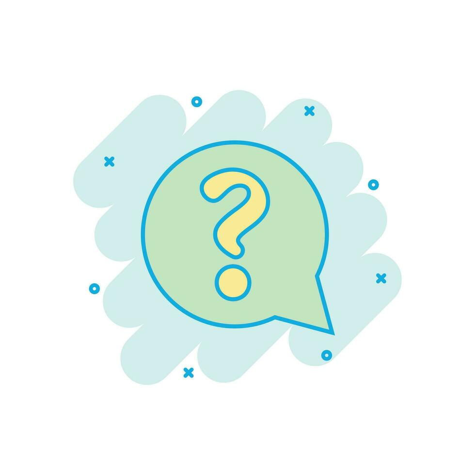 Question mark icon in comic style. Discussion speech bubble vector cartoon illustration pictogram. Question business concept splash effect.