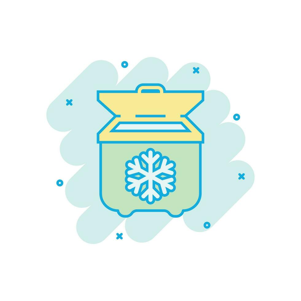 Fridge refrigerator icon in comic style. Freezer container vector cartoon illustration pictogram. Fridge business concept splash effect.