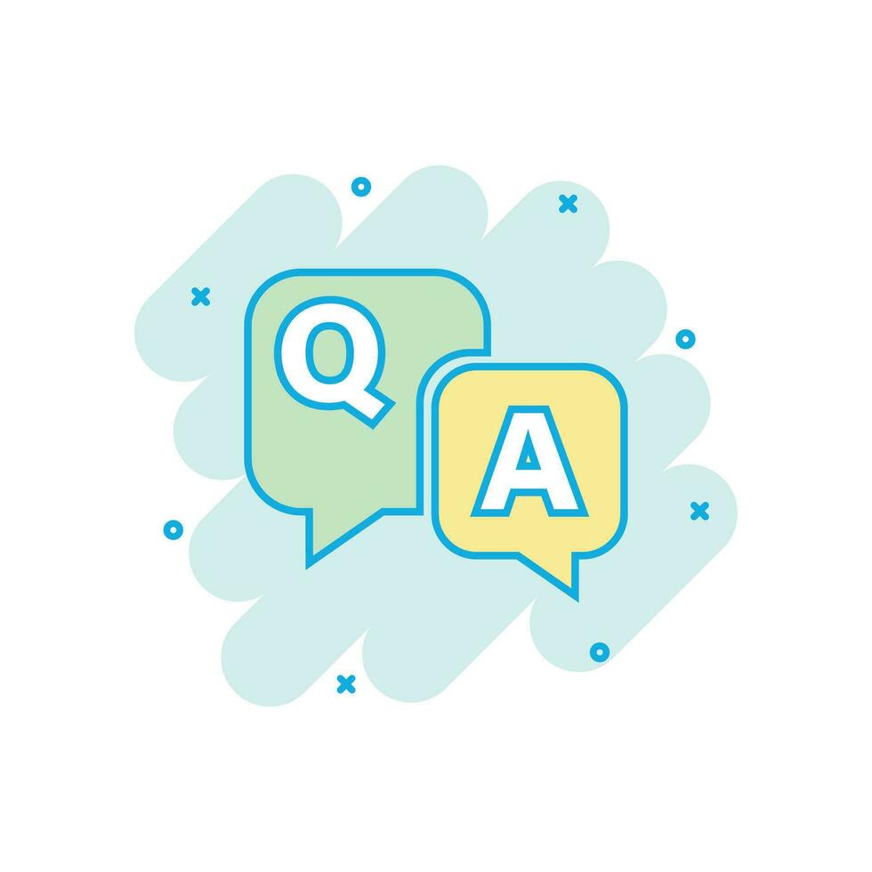 Question and answer icon in comic style. Discussion speech bubble vector cartoon illustration pictogram. Question, answer business concept splash effect.