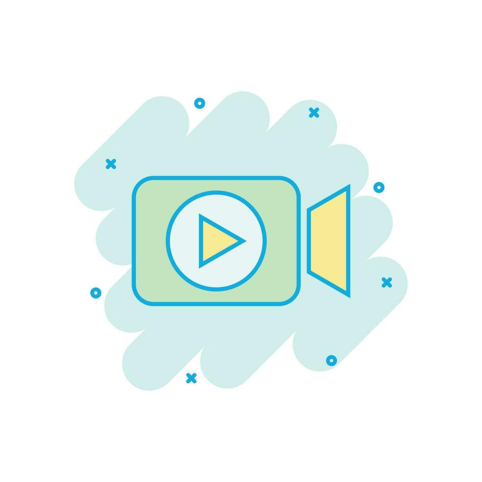 Video camera icon in comic style. Movie play vector cartoon illustration pictogram. Video streaming business concept splash effect.