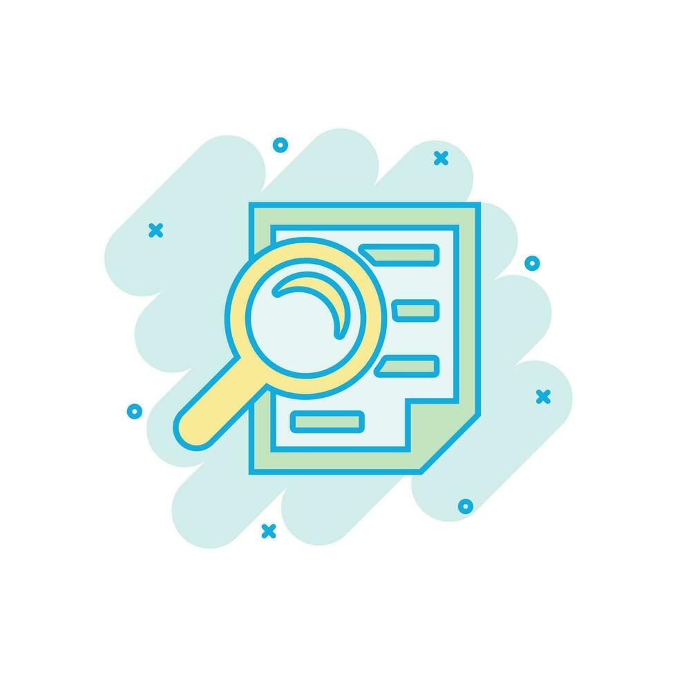 Scrutiny document plan icon in comic style. Review statement vector cartoon illustration pictogram. Document with magnifier loupe business concept splash effect.