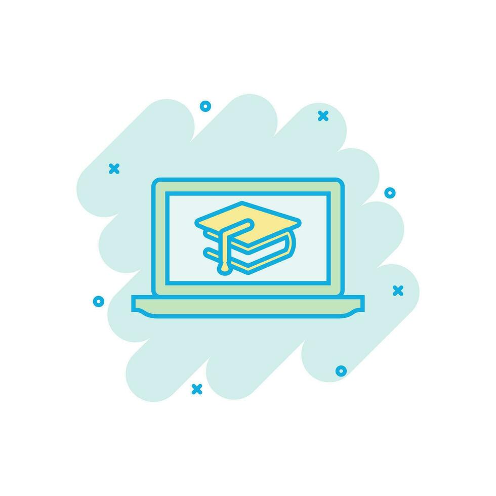 Elearning education icon in comic style. Study vector cartoon illustration pictogram. Laptop computer online training business concept splash effect.