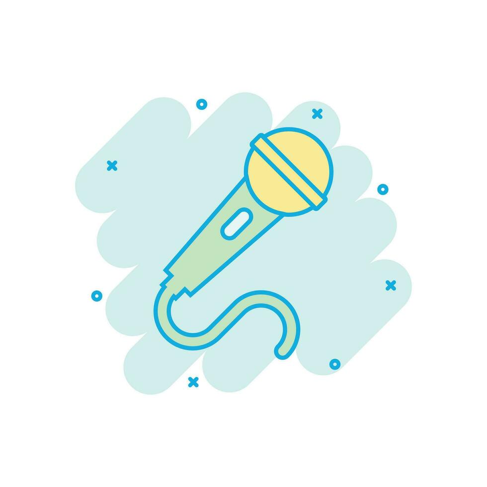 Microphone icon in comic style. Mic broadcast vector cartoon illustration pictogram. Microphone mike speech business concept splash effect.