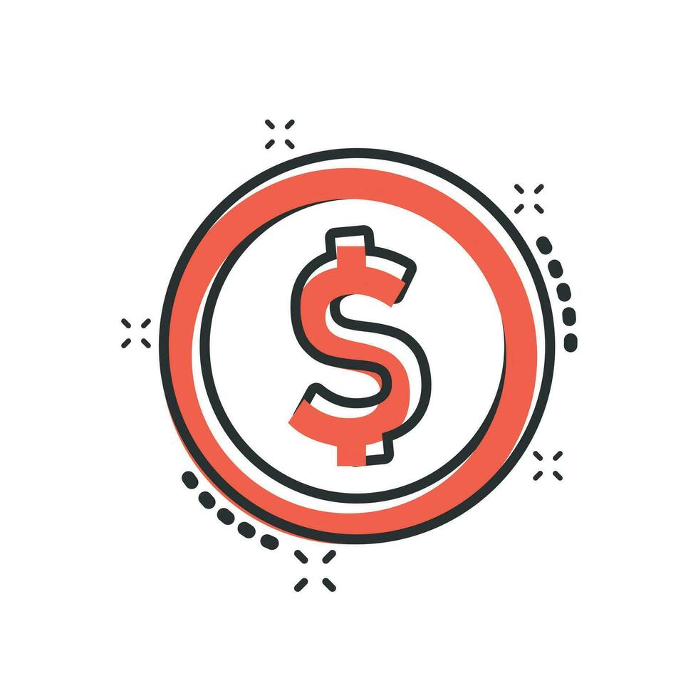 Coins stack icon in comic style. Dollar coin vector cartoon illustration pictogram. Money stacked business concept splash effect.